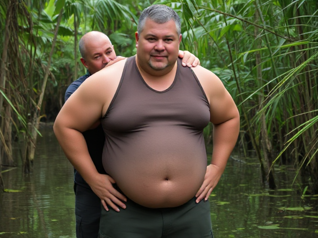 A broad and big man is wearing a tight, sleeveless shirt In a swampy jungle. The man’s shirt clings to his broad chest and arms, emphasizing his strong upper body. The shirt is pulled up slightly, revealing his plump belly, which protrudes softly. His belly button is small and a bit deep, sitting in the center of his rounded midsection. He pairs the shirt with rugged work pants, adding to his solid, hardworking look. His face, with short gray hair and a trimmed beard, has a confident yet relaxed expression, complementing his sturdy, laid-back appearance. An old man side hugs the big man and rubs his belly