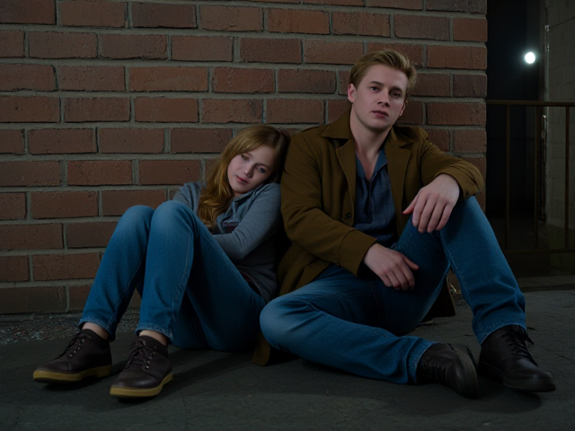 a petite, 13-year-old girl with strawberry blonde hair, wearing jeans and a hooded pullover, sits slumped with her back against a brick wall, feet forward, legs outstretched. Next to her sits a modern-day male vampire, 28 years old, with pale skin and blonde hair, dressed in jeans and a brown trenchcoat. The vampire is slumped against the wall as well, feet forwards, legs outstretched. The girl has a forlorn look and rests her head on the vampire's shoulder. Set at night in an abandoned warehouse, in a holding room with no windows. The vampire is roughed up from a fight. Both have their backs against the wall. 
The vampire looks straight ahead, worried.. they're in a locked room. Seen through a window in the door. Both have their egs outstretched, feet forward, flat on the ground.
