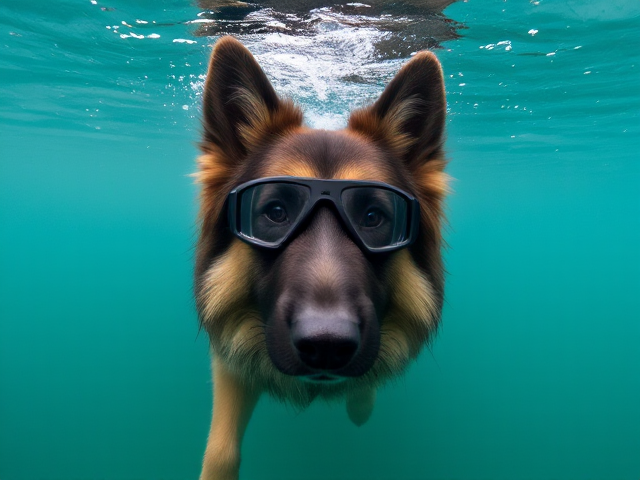 A long haired German shepherd wearing Freediving goggles floating on the surface of the water face down in the water