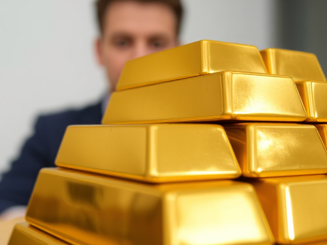 Place a neat stack of gold bars in the right-center part of the image, slightly behind the person and text. The bars should be shiny with a polished metallic golden surface. Add subtle reflections and light glares on the edges to enhance their realistic look. Ensure the stack is angled slightly to create depth and fits naturally with the background.