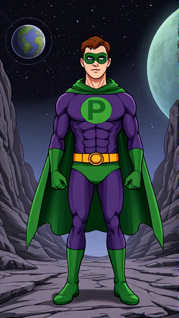 Dramatic Comic Book Cartoon scene: A young, Autistic 25-year old boy with light skin and flat, smooth, and slick brown hair named T.J. Granger, but transformed into a genetically-altered superhero named Powerman, who, despite still being a young adult kid, has an extremely muscular body. He wears a sleek purple suit with a green P symbol on his chest, a gold belt with a circular buckle, green briefs, green boots, green long-cuffed gloves, a really big, toe-length long, ultra-wide green cape wreathed around his neck, and a green eye mask that protects his true identity. He also has incredible and invincible superpowers flowing through his veins. In this scene, Powerman is currently standing in a dark valley on a mysterious alien planet in outer space that needs his help, ready to begin his investigation.