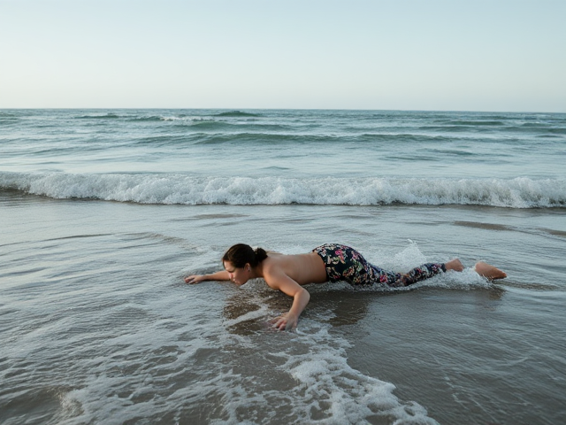 Woman crawling out the ocean