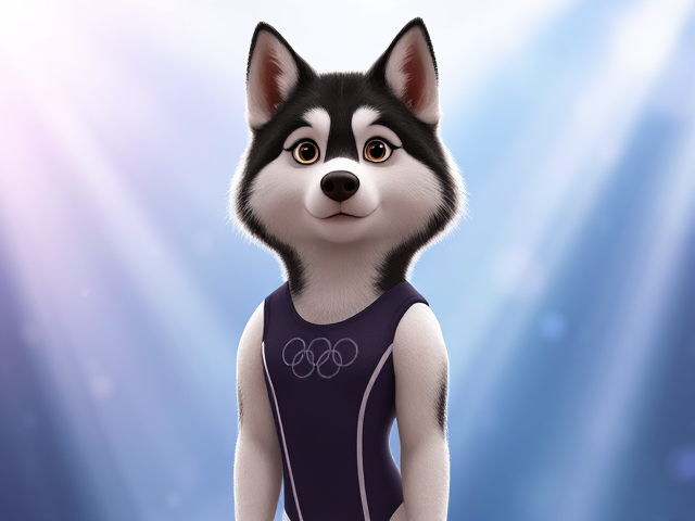 A Alaskan malamute Olympic gymnast with a long torso wearing a leotard