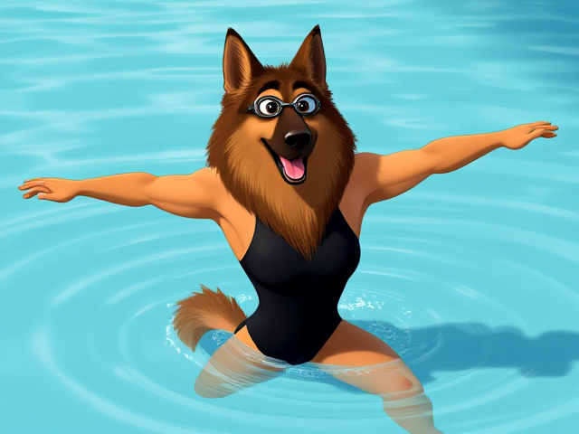 A anthropomorphic long haired German shepherd Olympic swimmer stretching her long torso, while wearing a one piece swimsuit and swimming goggles