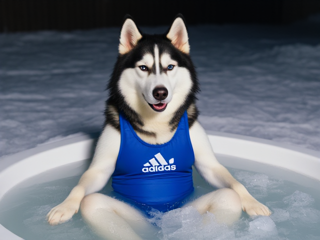A anthropomorphic Siberian husky wearing a blue adidas swimsuit sitting in a ice bath