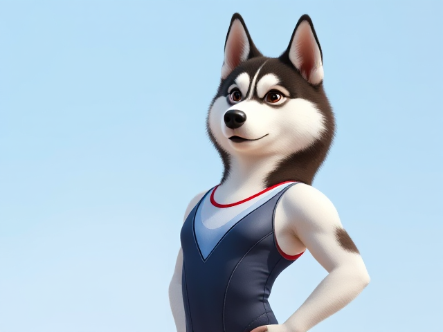 A anthropomorphic Siberian husky Olympic gymnast wearing a leotard