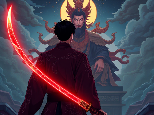A man with short black hair, holding a magical glowing red and black Chinese-style straight short katana in his right hand, wearing intricate traditional Chinese mythology clothing. He stands facing away, gazing at the towering figure of Shangdi, the supreme god, who sits cross-legged before him. The scene is illustrated in a vibrant anime style
