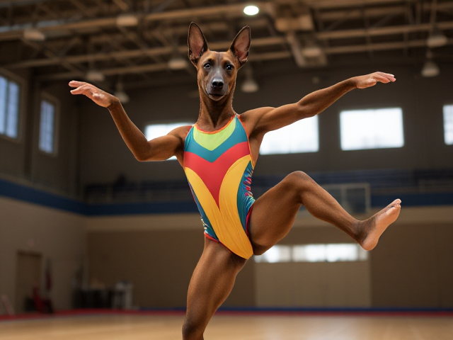 Anthropomorphic Belgian Malinois wearing a colorful gymnastics leotard, performing in a well-lit gymnasium, dynamic pose, detailed fur and fabric textures