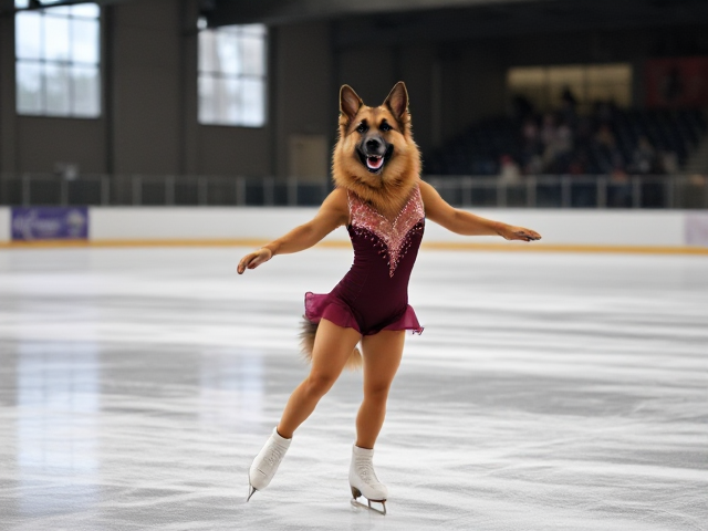 A anthropomorphic German shepherd ice skating wearing a gymnastics leotard in a ice rink