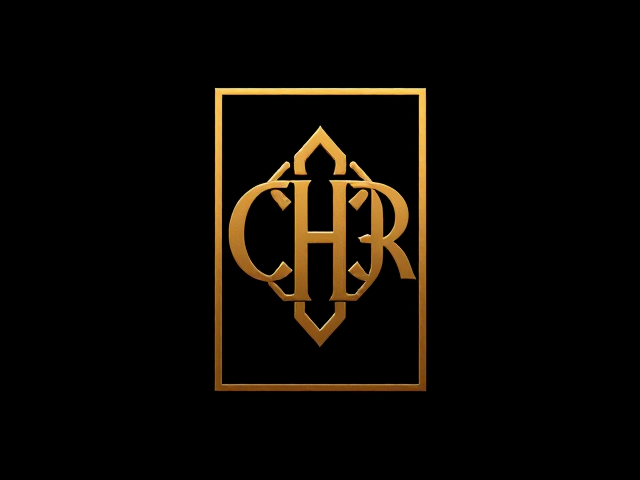 Logo symbole rectangle vertical doré, symbole, lettres CHR entrelacées dans un symbole élégant sur fond noir