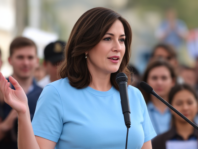 Brunette politician wearing a light blue t  shirt skirt would same shade giving a rally