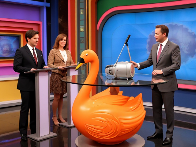 A game show studio with a host and two contestants. the contestants are standing at a small lectern and the host is to their right showing off the item on a table is a high table it is a glass top with a giant orange swan base, the glass is covered with a short vintage table cloth with a vacuum cleaner sitting on top. the studio set is decorated with a retro 70's and 80's aesthetic, colorful retro.