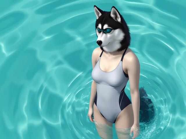 A tall Siberian Husky with a long torso and broad shoulders wearing a high cut Nike one piece swimsuit and swimming goggles