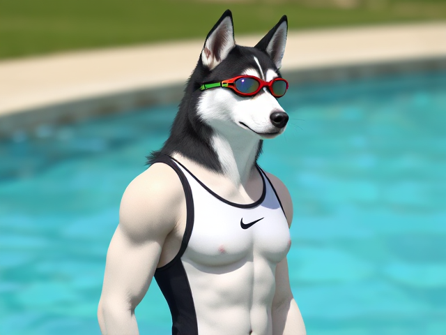 A tall and lean anthropomorphic Siberian husky with a long torso and broad shoulders wearing a high cut Nike one piece swimsuit and swimming goggles