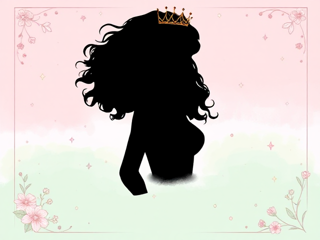 Create a beautiful first page for a journal designed for girls, featuring a soft pastel background that transitions from light pink at the top to mint green at the bottom. Include a decorative border of delicate, lightly sketched flowers, whimsical stars, and playful butterflies, with scattered sparkles to evoke a sense of magic. In the center, feature an elegant black color large size complete body silhouette of a woman having long curly hairs wearing a crown, symbolizing empowerment and confidence. Ensure there’s ample clear space around her for an inspiring quote or title, making the overall design versatile for various journal themes. The edges should be soft and inviting, creating a warm atmosphere that encourages creativity and positivity."