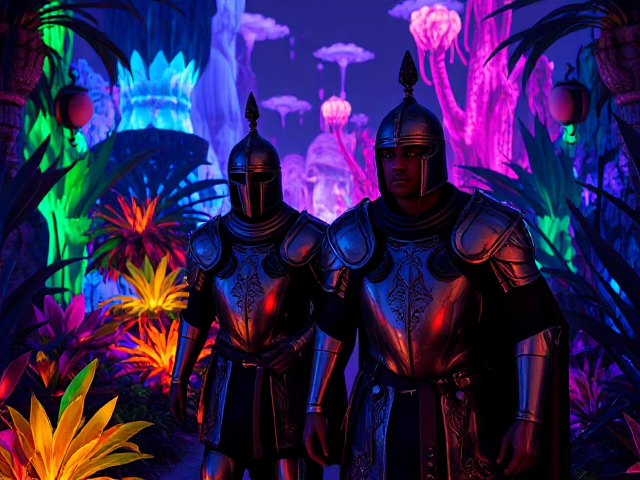A dark-skinned knight with a helmet on of African descent, clad in ornate armor, walking beside another similar knight through a vibrant neon-lit garden, filled with glowing plants and surreal landscapes