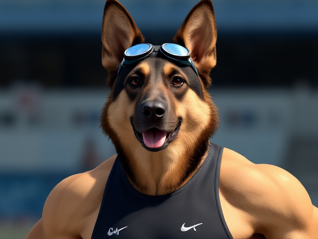 A tall anthropomorphic German shepherd Olympic swimmer with a long torso and broad shoulders wearing a racing swimsuit and goggles