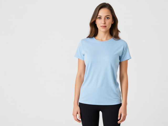 Brunette wearing a light blue t shirt and black yoga pants