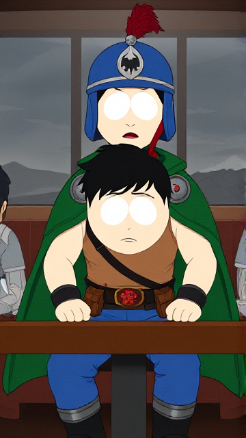 Dramatic South Park scene: Stan Marsh from South Park, light skin and black hair, but as a 14-Year Old teenager with a muscular body, wearing a light brown tank top, a black belt with brown pouches and a red buckle adorned with a castle emblem, with a few pouches and the scabbard for his sword attached to it, blue jeans, steel armored boots, jeweled wrist cuffs, a really big, heel-length long, ultra-wide green cape held up by two silver buttons with red jewels tethered by a strong wire connecting them both, and a blue helmet with one silhouetted buffalo head emblem on both sides, outlined by silver steel rims lined around and across the top, with a really long red feather sticking out at the top. He is now known as Sir Marsh. Despite still being a young teenage kid, he is the Youngest Commander of the Zaronian Army, and one of the youngest and greatest heroes hailing from South Park, Colorado, but now reborn as the real life Kingdom of Kupa Keep, Zaron. In this scene, the young teenage hero is currently sitting at a table in a restaurant, awaiting the arrival of someone he knows.
