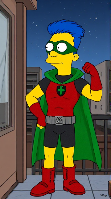 Cartoon scene: Milhouse Van Houten from The Simpsons, with his yellow skin, really big round nose, and blue hair that's slicked back and curled up at the top, but as a tall, 18-year old teenager, dressed as a parody of Robin, The Boy Wonder, with an extremely muscular body, a dark green bodysuit with a red torso adorned with a green H symbol on his chest, a grey utility belt, red boots, red long-cuffed gloves, a big, heel-length long, ultra-wide green cape wreathed around his neck held up by a silver triangular button, and a green eye mask with optical lenses in it, now known as Houseboy, The Nerd Wonder, the other half of Springfield's Dynamic Duo, and one of the greatest vigilante superheroes ever known in Springfield. The teenage vigilante hero is currently standing on his bedroom balcony at night as he gazes up to the starry skies, wondering what his true destiny is.