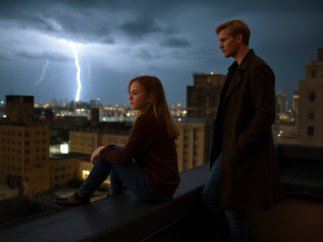 a 13 Year old girl with, strawberry blonde hair and wearing jeans and a pullover, sits on the edge of a nightclub rooftop. Next to her, a few feet away, stands a modern day vampire with blonde hair, wearing jeans and a brown trenchcoat. She looks out at the approaching thunderstorm with a forlorn expression, while he looks at her with concern.