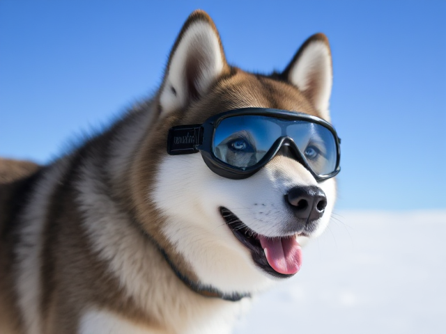 An Alaskan malamute wearing high-tech freediving goggles, standing on a snowy landscape, with clear blue sky in the background. The dog's fur is fluffy and well-defined, and the goggles have reflective lenses