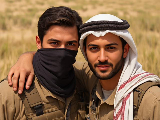 Two men, military clothing, tan, Arab, one with violet eyes and with dark brown eyes, mask covering their face, arm over each others shoulders, sunny and grassy background
