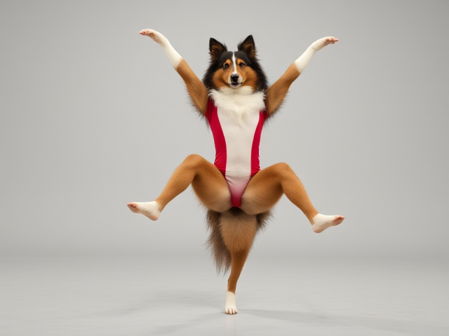 A anthropomorphic rough collie large hips doing gymnastics wearing a leotard
