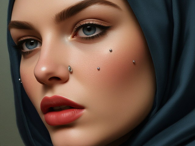 Marine le Pen avec plusieurs piercings, réalisme élevé, détail facial précis, éclairage doux