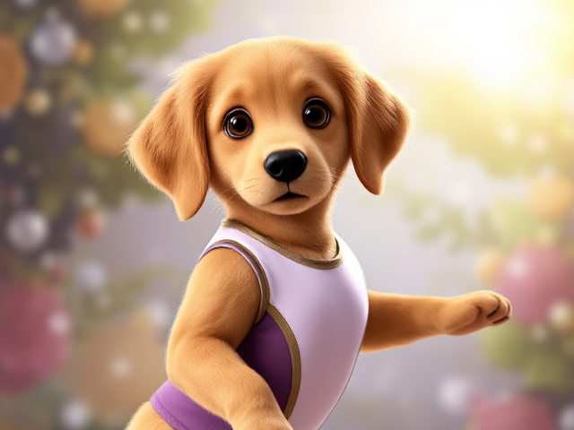 A golden retriever gymnast wearing a leotard