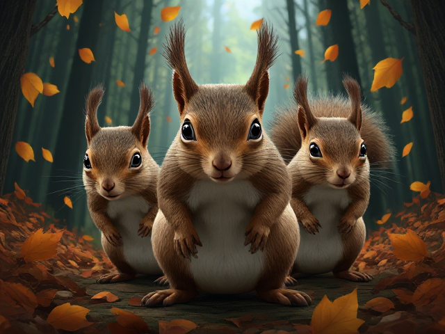Suicide Squirrels, surreal forest scene, dramatic lighting, intense expressions, dynamic movement, autumn leaves falling around, high detail fur texture