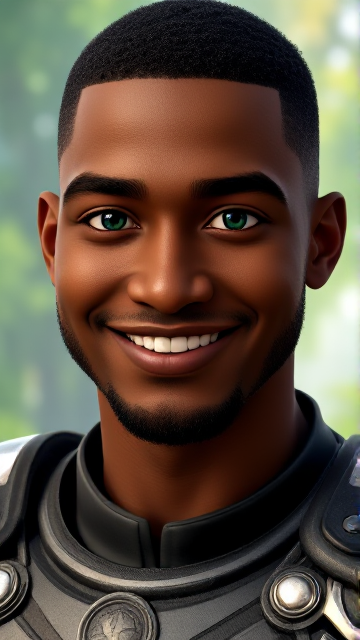 Black man,  brown skin, Athletic build, dark green eyes with blue flecks, short cropped black hair tapered at the bottom, 6 foot 2 inches, muscular, confident, sleek and cool armor fit for mobility, energetic, medium beard, grinning