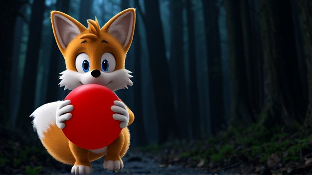 Tails the Fox gets very scared in the dark spooky forest holding a big red rubber balloon with his knees touching inwards SEGA Video Game