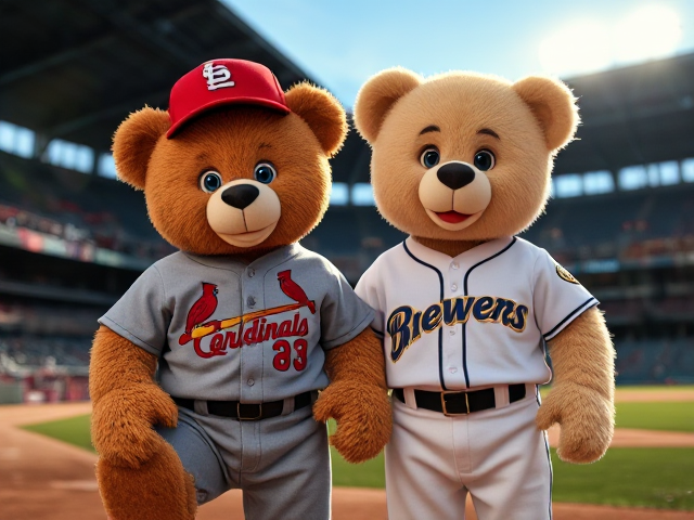 A human teddy bear tan fur blue eyes wearing a cardinals uniform red hat grey jersey grey pants with dirt on his left knee and chest and thighs posing with another human teddy bear beige fur wearing a brewers uniform navy hair navy jersey white pants dirt on his uniform posing in a minor league stadium