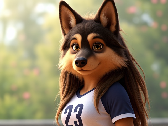 A tall anthropomorphic long haired German shepherd volleyball player in her volleyball uniform