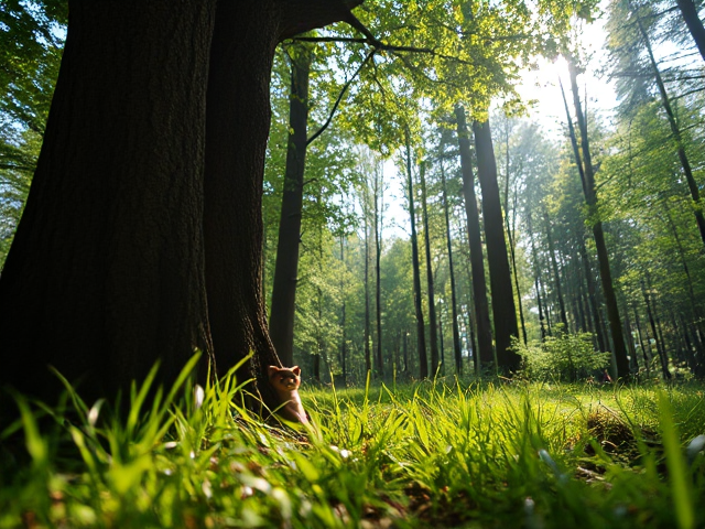 A serene forest glade with a small, whimsical creature peeking from behind a tree, casting a mischievous smile. Sunlight filters through the lush canopy, creating dappled patterns on the forest floor. The scene is painted in a hyper-realistic style with vibrant colors, capturing every leaf and blade of grass. The camera is positioned at eye level for an immersive perspective. Soft ambient light enhances the mystical atmosphere, adding depth and harmony to the setting