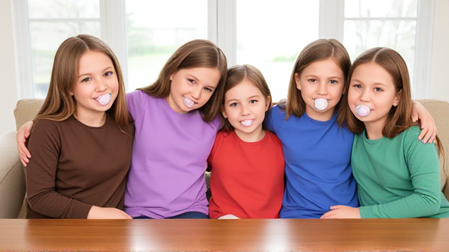 Quatre filles adolescentes aux cheveux lisses et dégagé et de différentes couleurs a l'avant assis à table avec des  grands Bavoirs simple de couleurs marron violet bleu et vert et des tétines en bouches elles sont en tee-shirts manches longues de différentes couleurs que les Bavoirs et ont des et elles se font un gros câlin et il y a une grande fenêtre derrière le canapé