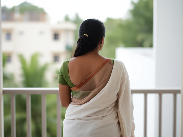 Indian woman's back turned on a balcony with a white saree on
