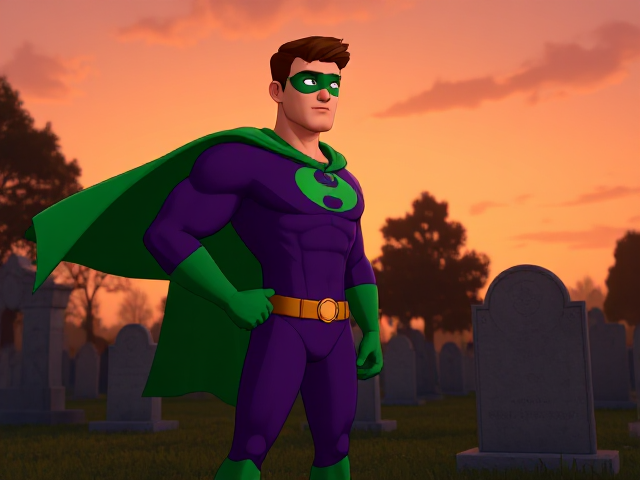 Modern Cartoon scene: A young, Autistic 25-year old boy with light skin and flat, smooth, and slick brown hair named T.J. Granger, but transformed into a genetically-altered superhero named Powerman, who, despite still being a young adult kid, has an extremely muscular body. He wears a sleek purple suit with a green P symbol on his chest, a gold belt with a circular buckle, green briefs, green boots, green long-cuffed gloves, a really big, toe-length long, ultra-wide green cape wreathed around his neck, and a green eye mask that protects his true identity. He also has incredible and invincible superpowers flowing through his veins. In this scene, Powerman is currently standing in a graveyard at sunset, visiting the grave of his deceased grandmother, paying his respects and wishing that she could have seen the superhero he has become.
