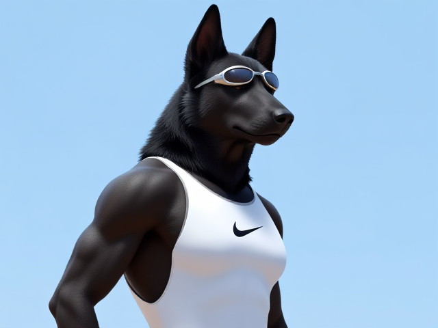 A tall and lean anthropomorphic black German shepherd with a long torso and broad shoulders wearing a white high cut Nike one piece swimsuit and swimming goggles