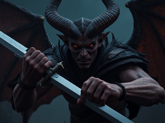 Epic demon with sword in hand