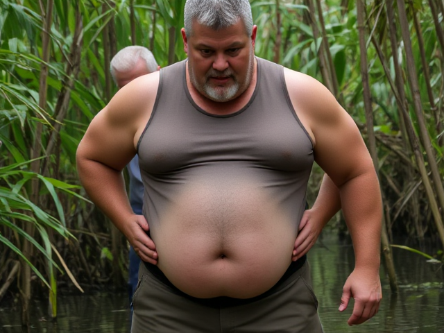A broad sturdy man is dressed in a tight cut sleeveless shirt that hugs his broad chest and arms, showing off his sturdy build. The shirt is cut short, revealing his rounded belly, including a small, somewhat deep belly button that sits in the center of his soft midsection. He’s also wearing rugged work pants, which add to his solid, hardworking appearance. His face, framed by short gray hair and a trimmed beard, remains strong with a confident, focused look. This man is in a swampy jungle, with an old smaller man rubbing big man’s belly from behind