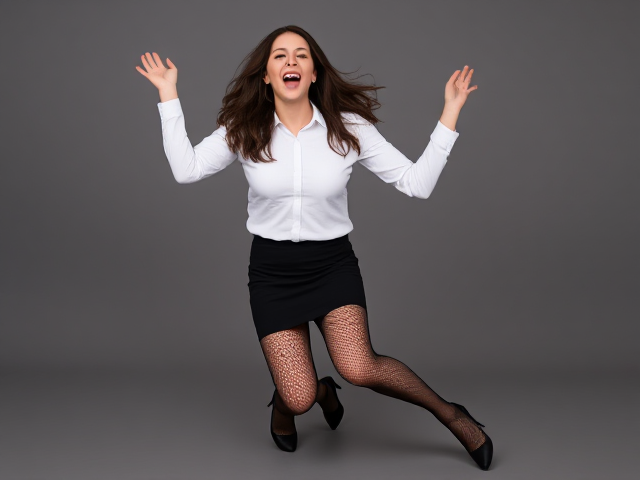 Beautiful brunette in a white long-sleeves shirt, black mini-skirt, fishnet stockings and black heels flailing on the ground in hysterical laughter