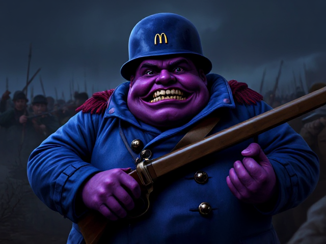 Grimace the chubby fury purple McDonald's tastebud Mascot as a blue coat union soldier during the American Civil War fighting the confederacy in battle