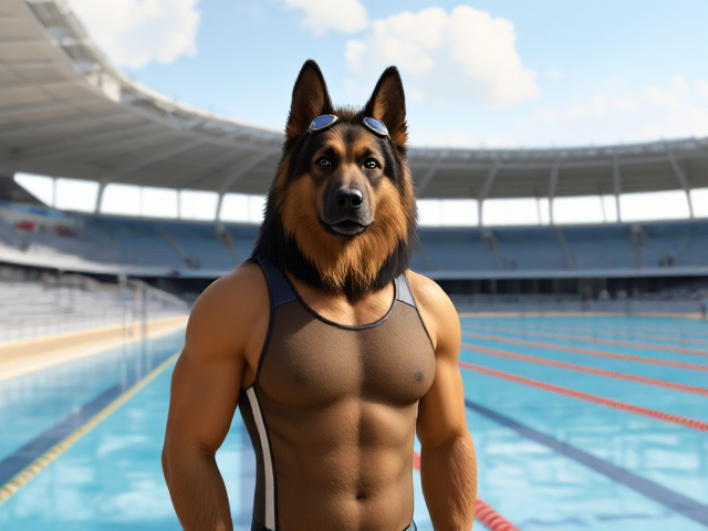 A tall anthropomorphic long-haired German shepherd Olympic swimmer with a long torso and broad shoulders, wearing a racing swimsuit and goggles while standing next to a Olympic-sized pool