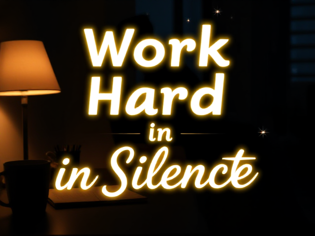 "Design a visually captivating thumbnail with a moody, low-lit study environment. The background features a clean desk illuminated by a glowing lamp, with a notebook and a coffee cup for a relatable, cozy vibe. Add a dark, shadowy figure in the background sitting and studying quietly, with faint light outlining their silhouette. In the foreground, overlay bold, glowing text in dynamic, curved fonts that says: 'Work Hard in Silence.' Use vibrant colors like white or yellow for the text, with subtle sparkles or light effects to draw attention. Keep the overall tone inspiring and mysterious, evoking quiet determination."