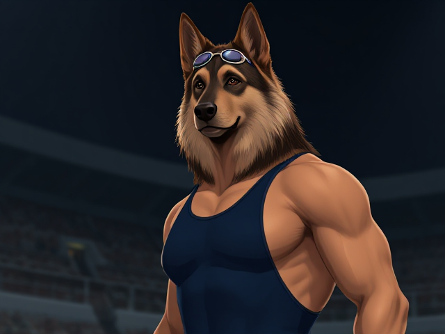A tall anthropomorphic long haired German shepherd Olympic swimmer with a long torso, wearing a one piece swimsuit and swimming goggles