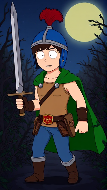 Dramatic Cartoon scene: Stan Marsh from South Park, light skin and black hair, but as a 14-Year Old teenager with a muscular torso, dressed as a medieval warrior, wearing a light brown tank top, a black belt with a red buckle adorned with a castle emblem with brown pouches and the scabbard for his enchanted sword attached to it, blue jeans, steel armored boots, jeweled wrist cuffs, a really big, heel-length long, ultra-wide green cape held up by two silver buttons with red jewels with a strong unbreakable wire connecting them both, and a blue helmet with buffalo emblems on both sides, outlined by silver steel rims going around and across the top, with a really long red feather sticking out at the top. He is now known as Sir Marsh. Despite still being a teenage kid, he is the Youngest Commander of the Zaronian Army, and one of the youngest and greatest heroes hailing from South Park, Colorado, but now reborn as the real life Kingdom of Kupa Keep, Zaron. With his signature enchanted sword, the Slashing Blade Of The Ranger, held tightly in his hand, the young teenage hero is currently walking through a dangerous bramble maze in the dark of the night as he searches for the way out.