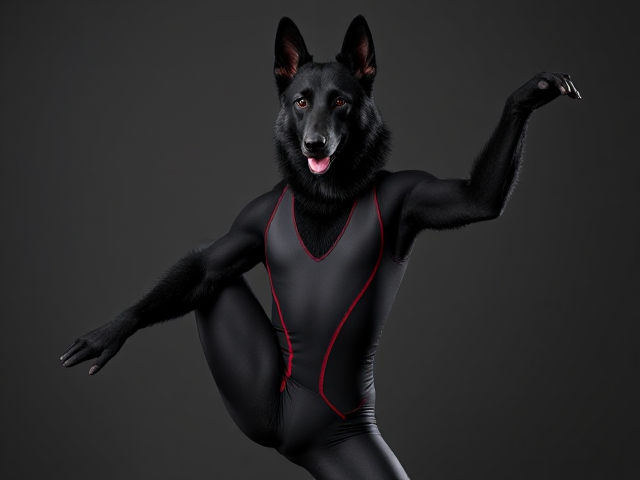 Black Anthropomorphic German Shepherd in a gymnastics leotard, detailed fur texture, athletic pose, vibrant colors