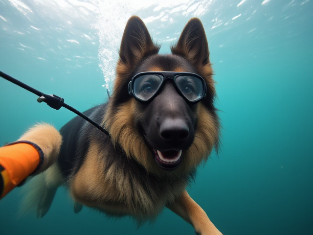 A long haired German shepherd Freediving wearing goggles holding a Freediving line